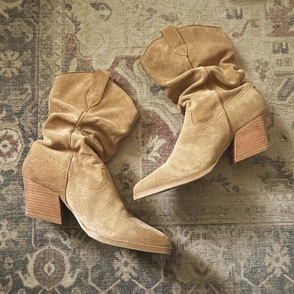 Steve Madden Taos Slouch Suede Western Boot Tan Brown Pull On Block Heel Size 10 - Picture 2 of 10